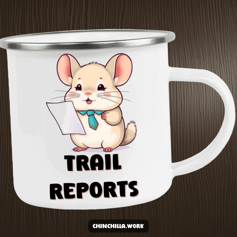 Funny chinchilla tie camping mug with a character holding a report, perfect for outdoor enjoyment and a humorous business theme.