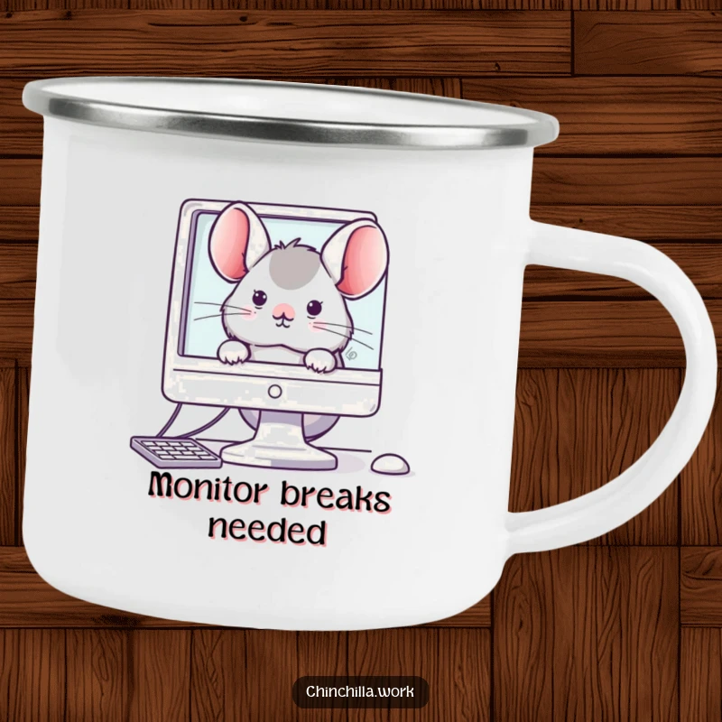 Funny camping mug showcasing a kawaii office chinchilla peeking from behind a monitor, adding workplace charm.