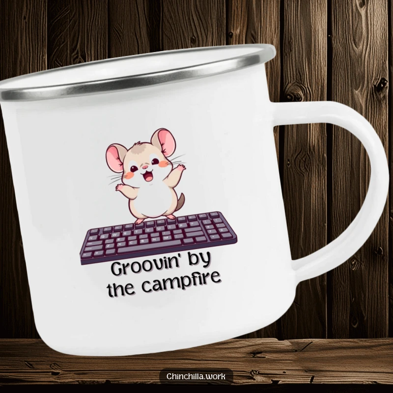Funny camping mug showcasing a kawaii office chinchilla dancing on a computer keyboard, perfect for portable fun.