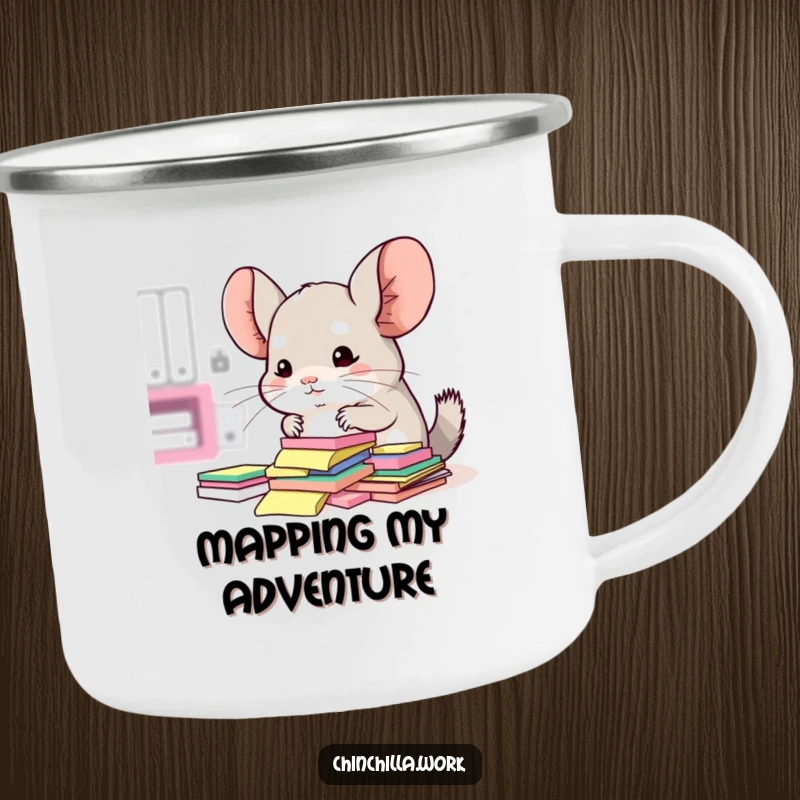 Funny camping mug with a kawaii office chinchilla surrounded by sticky notes, attempting to organize them.