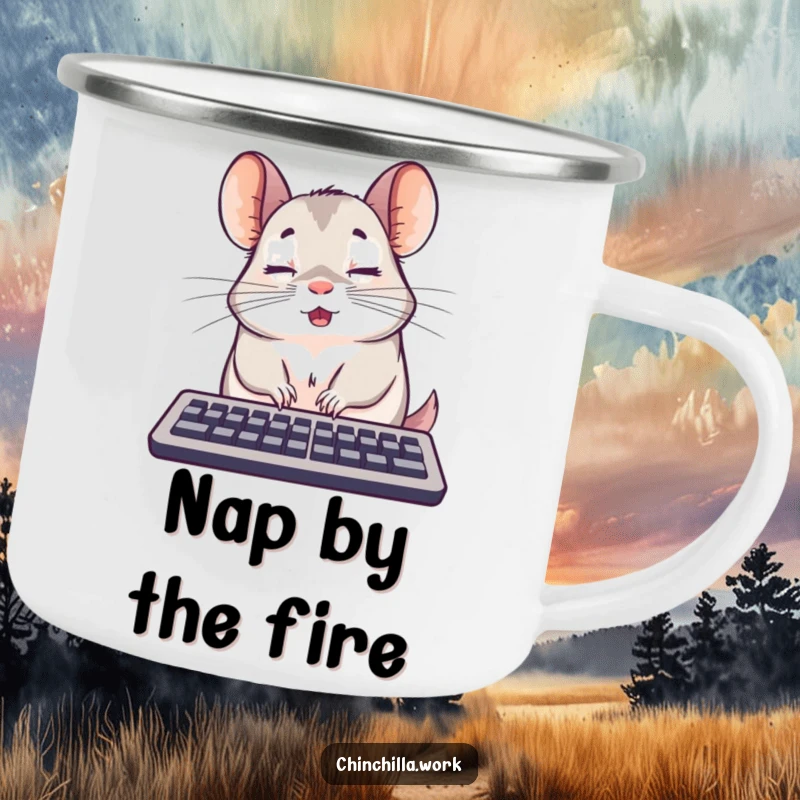 Funny surprised chinchilla keyboard camping mug caught mid-nap, perfect for outdoor trips and a funny gift.