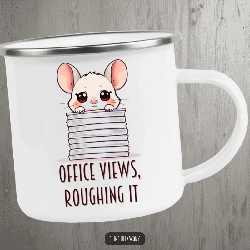 Funny office chinchilla camping mug, peeking over papers, perfect for work breaks with cute and humorous charm.