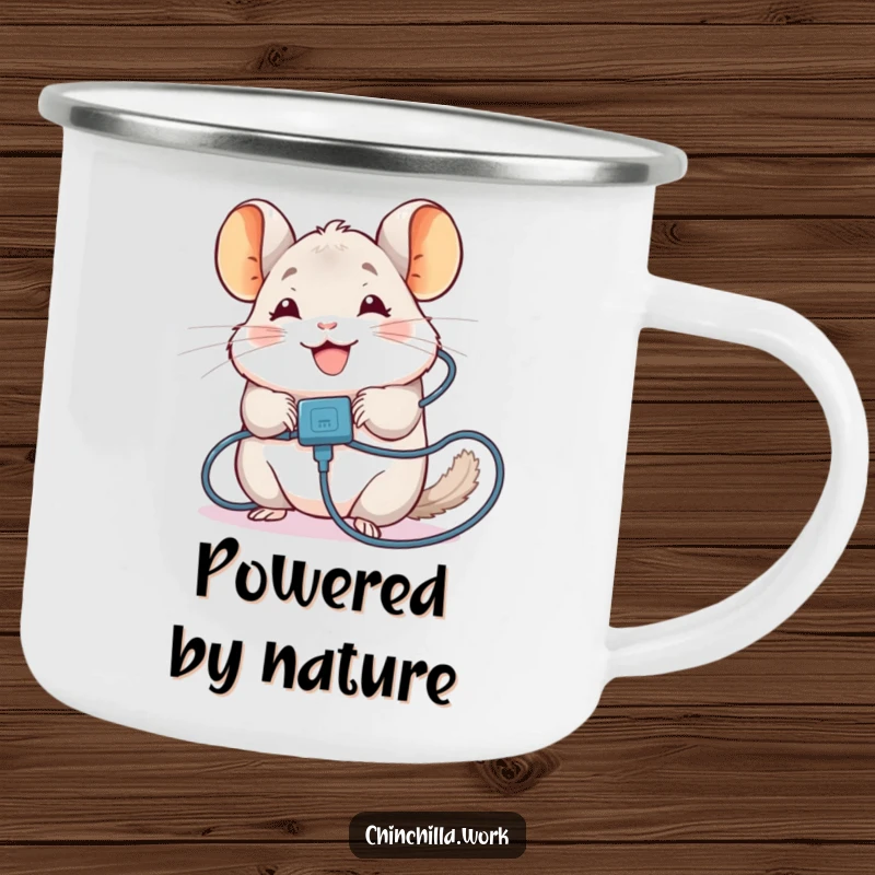 Funny Chinchilla Camping Mug: Features a chinchilla tangled in a charging cable, perfect for tech-savvy outdoor adventures, a funny gift.