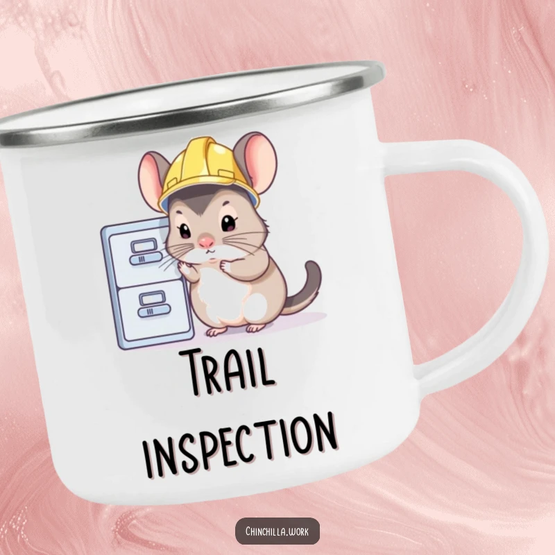Funny chinchilla camping mug showing a tiny hard hat-wearing rodent inspecting a file cabinet, ideal for outdoor checks and humor.