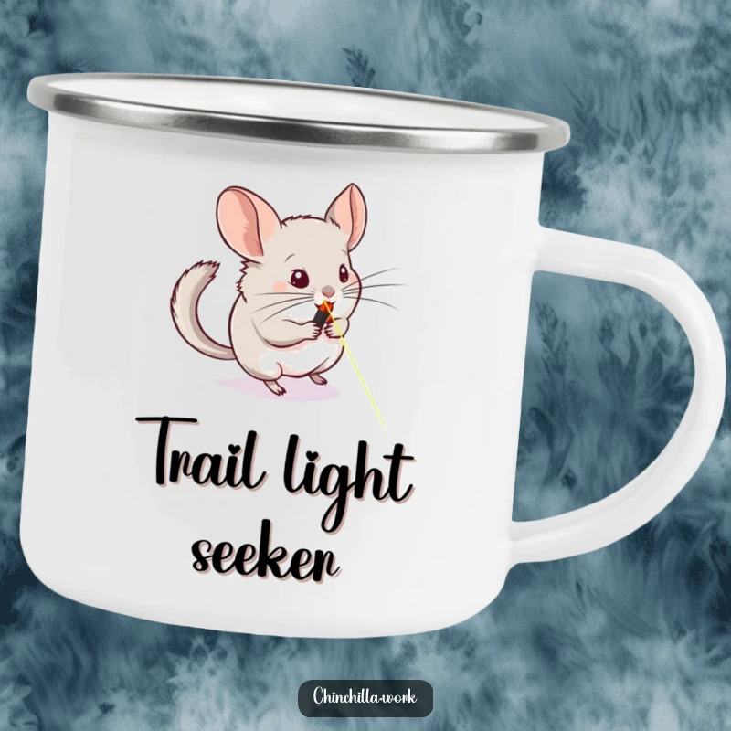 Funny camping mug with a chinchilla chasing a laser pointer across a whiteboard, ideal for enjoying drinks outdoors with humor.