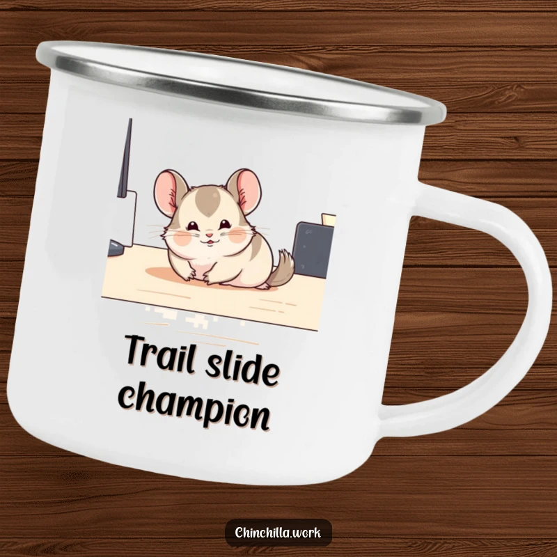 Funny sliding chinchilla enamel camping mug showing a chinchilla comically gliding, ideal for outdoor fun and humor.