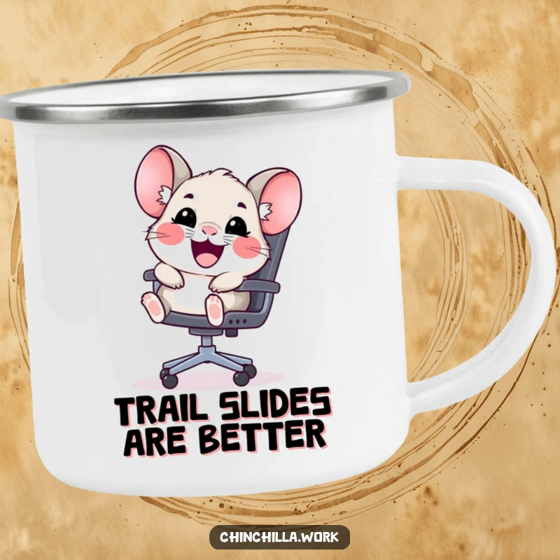 Funny kawaii chinchilla camping mug featuring a happy rodent sliding down an office chair, perfect for cute outdoor fun.
