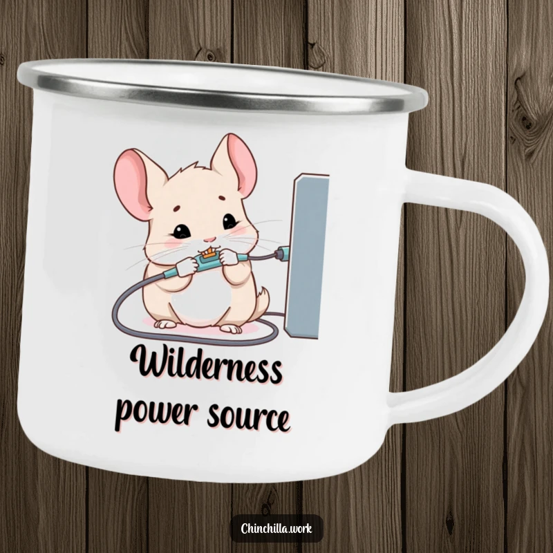 Funny camping mug with a kawaii office chinchilla chewing a charging cable, durable for adventures.