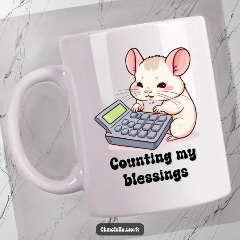 Funny chinchilla mug shows a rodent intensely typing on a giant calculator, perfect for office humor gift.