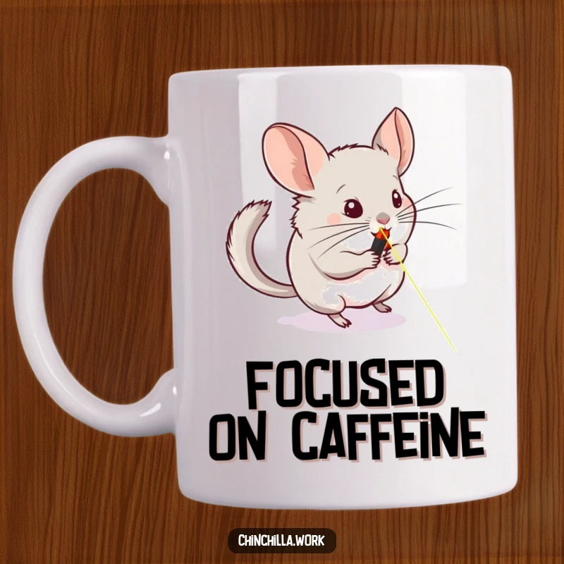 Funny chinchilla mug depicting a rodent frantically chasing a red laser pointer across a whiteboard, capturing pet owner humor.