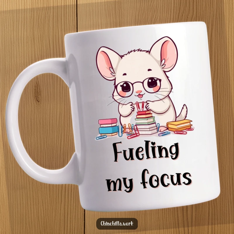 Funny mug featuring a kawaii office chinchilla intently stacking small paperclips with extreme, meticulous precision.