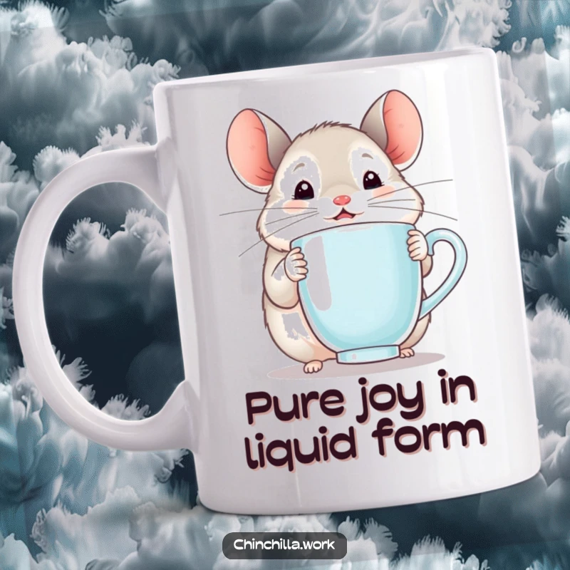 Funny chinchilla mug with wide eyes, joyfully holding a steaming mug, celebrating a delightful warm beverage moment.