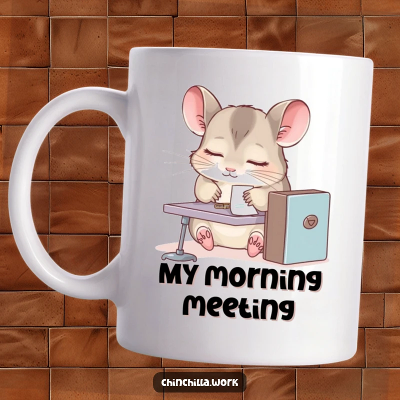 Funny chinchilla mug with a tiny desk, paperclip stuck to fur, dozing off at work, conveying relatable office fatigue.