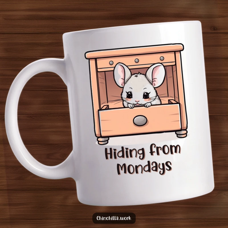 Funny Chinchilla Mug showing a playful chinchilla hiding inside an open desk drawer, a cute and humorous office desk accessory.
