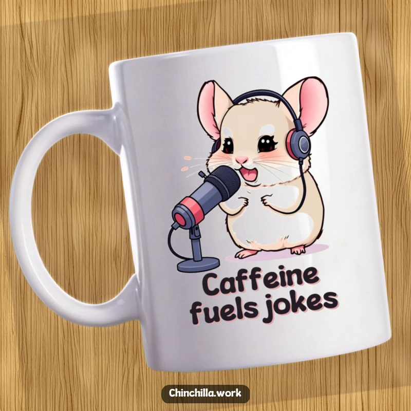 Funny chinchilla mug featuring a cute rodent in a headset, chuckling into a microphone, perfect for gamers and streamers.