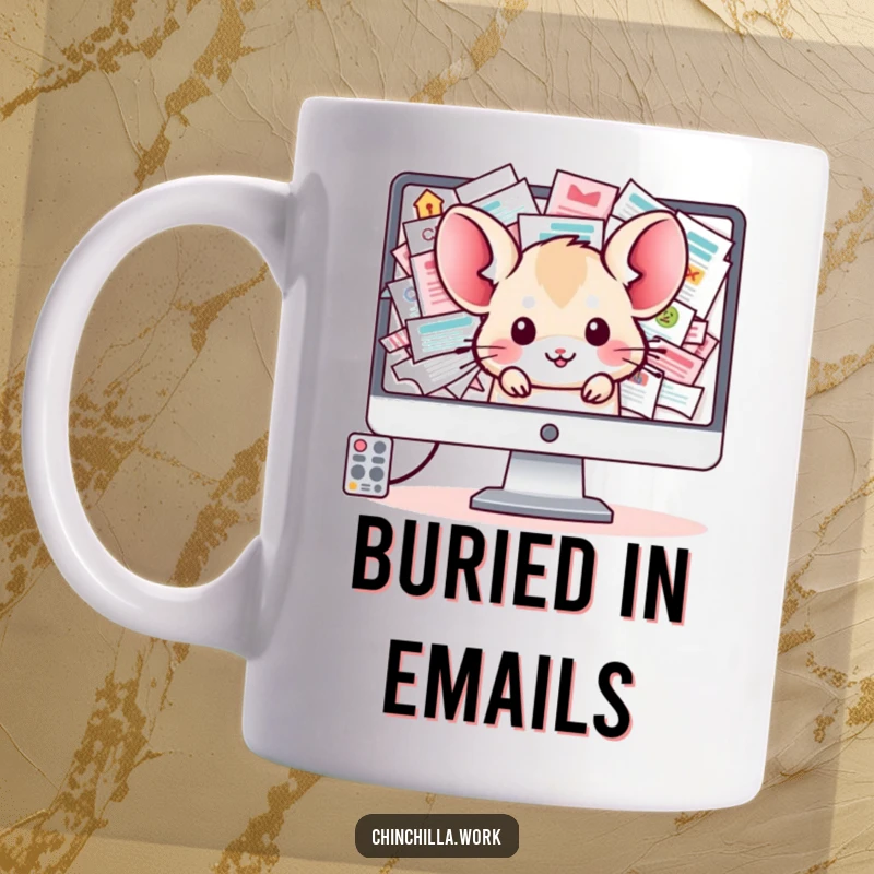 Funny Chinchilla Mug: A kawaii chinchilla peeks from a screen overflowing with computer inbox emails, depicting work stress.