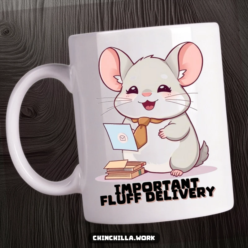 Funny chinchilla mug featuring a tiny tie, joyfully sorting mail, showcasing cute professionalism and organization.