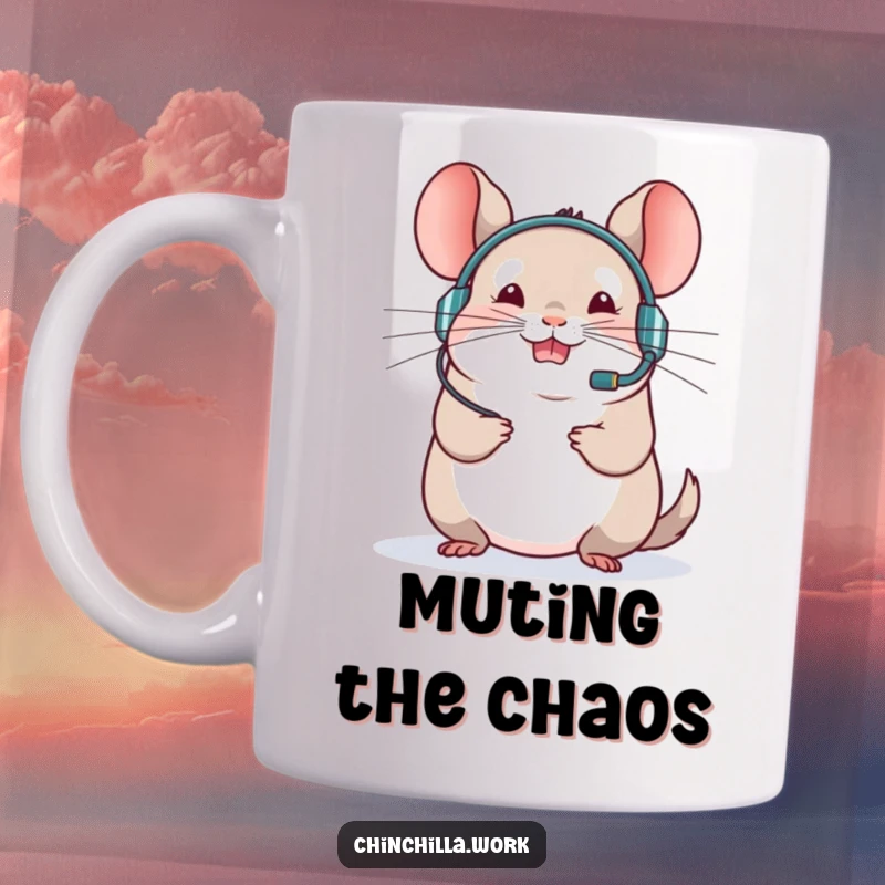 Funny chinchilla mug shows a rodent in a headset leading a virtual meeting with enthusiasm, perfect for office humor.