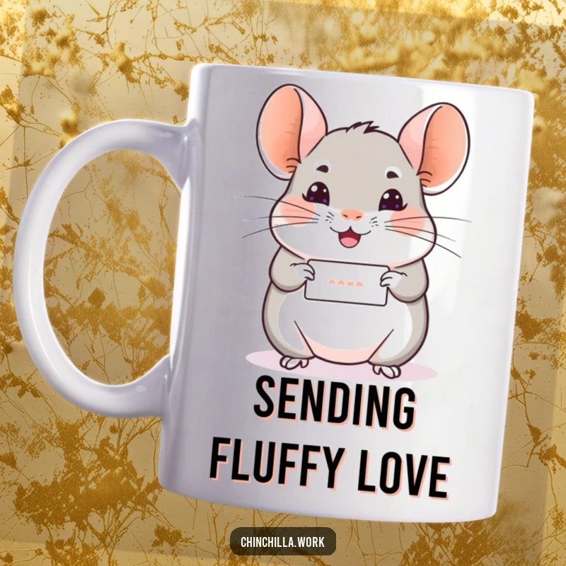 Funny Chinchilla Mug: A chinchilla offers a tiny rolled message with a cheerful wiggle, spreading good vibes.