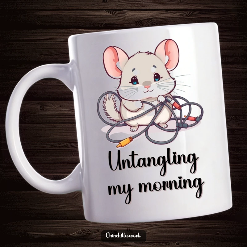 Funny Mug: A kawaii chinchilla exploring messy, tangled computer cables with intense curiosity, embodying tech-related humor.