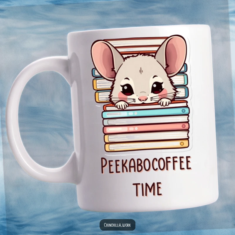 Funny Chinchilla Mug: A cute chinchilla peeking from behind office folders, adding humor to breaks, a perfect funny gift.