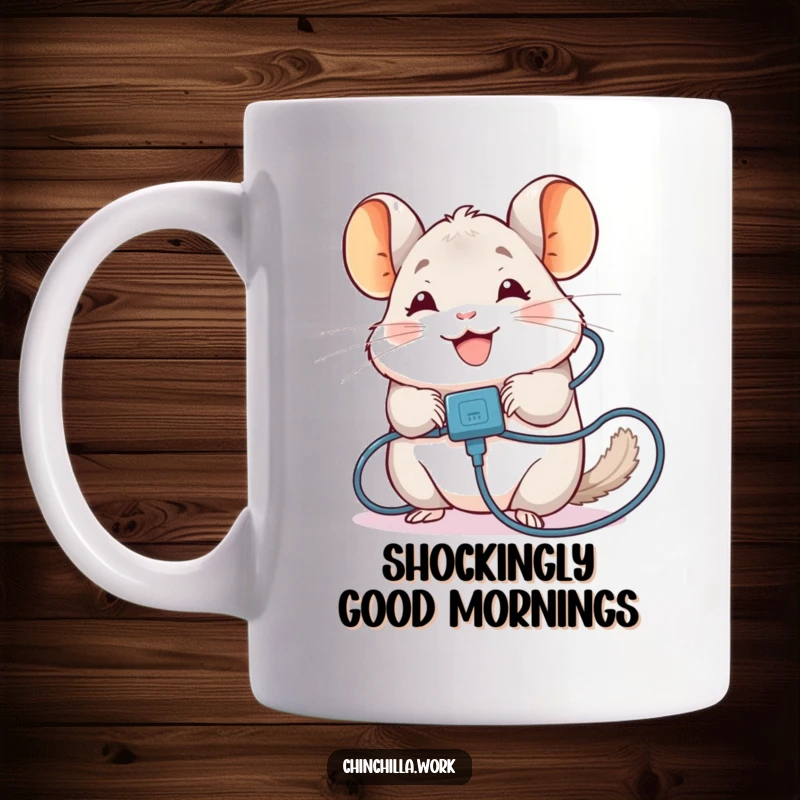 Funny Chinchilla Mug: A smiling chinchilla comically tangled in a charging cable, illustrating tech frustration with humor, a funny gift.