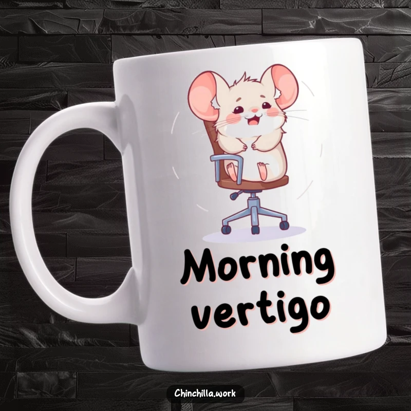 Funny chinchilla mug showing a furry creature spinning wildly on an office chair, embodying office chaos and fun.