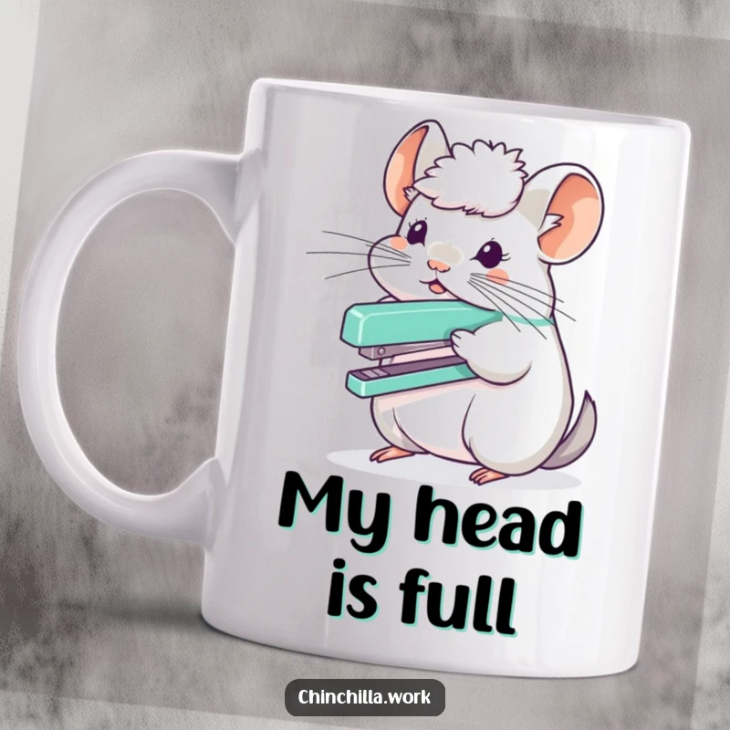 Funny chinchilla character precariously balancing a stapler on its fluffy head, showcasing office juggling skills.