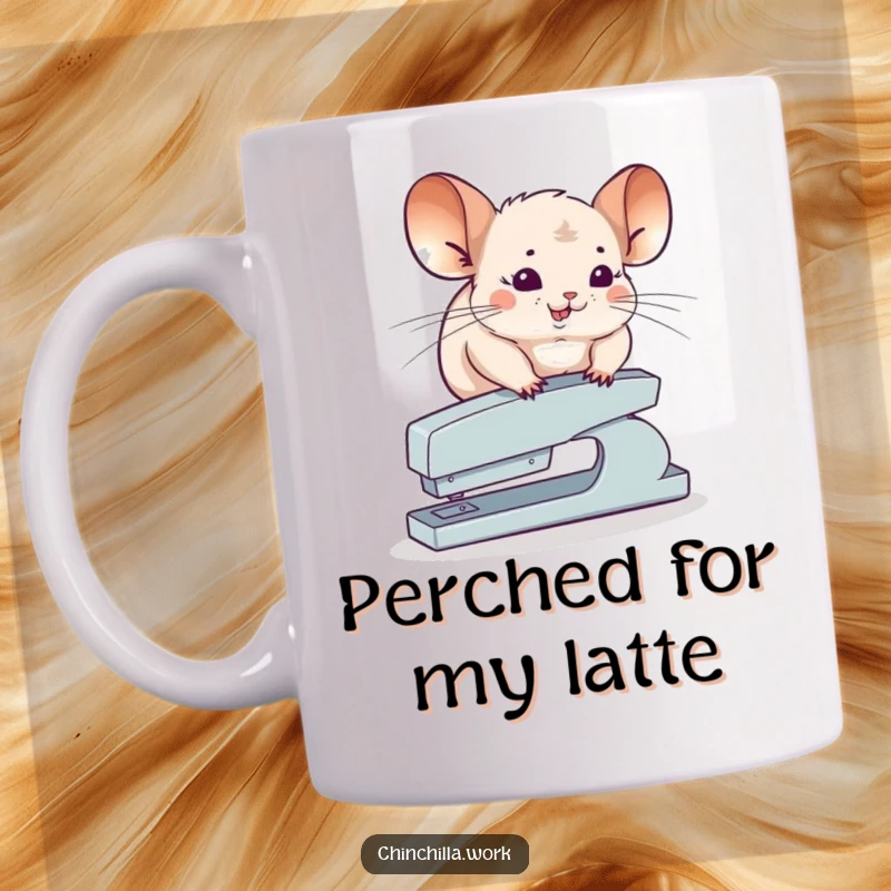 Funny Chinchilla Mug showing a chinchilla precariously balancing on top of a stapler, a humorous desk decoration for rodent lovers.