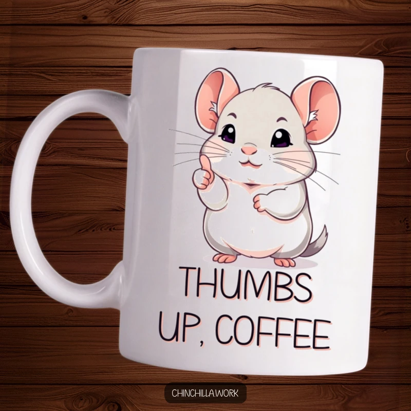 Funny chinchilla mug showing a happy rodent giving a determined thumbs up with its paw, radiating positivity.
