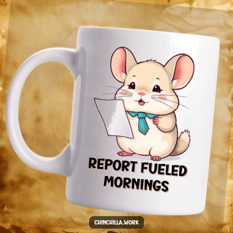 Funny chinchilla mug featuring a character in a tiny tie enthusiastically holding a report, perfect for office humor and professionals.