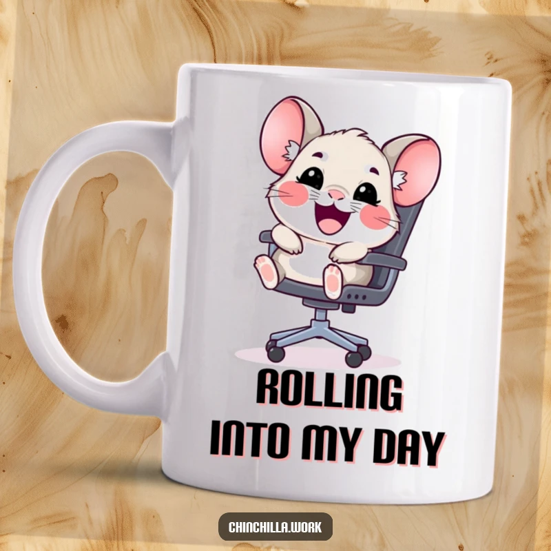 Funny kawaii chinchilla mug shows a happy rodent sliding down an office chair, capturing playful office humor.