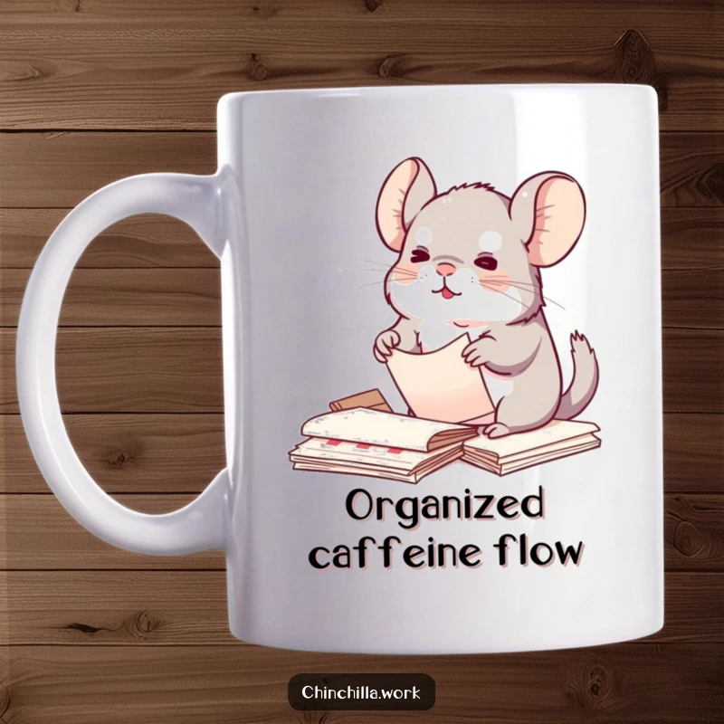 Funny Kawaii Chinchilla Mug: Cute chinchilla enthusiastically organizing papers with tiny paws, perfect for neat organizers, a funny gift.