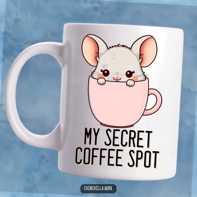 Funny kawaii office chinchilla hiding inside a coffee mug, with only ears showing, embodying the need for caffeine and escape.