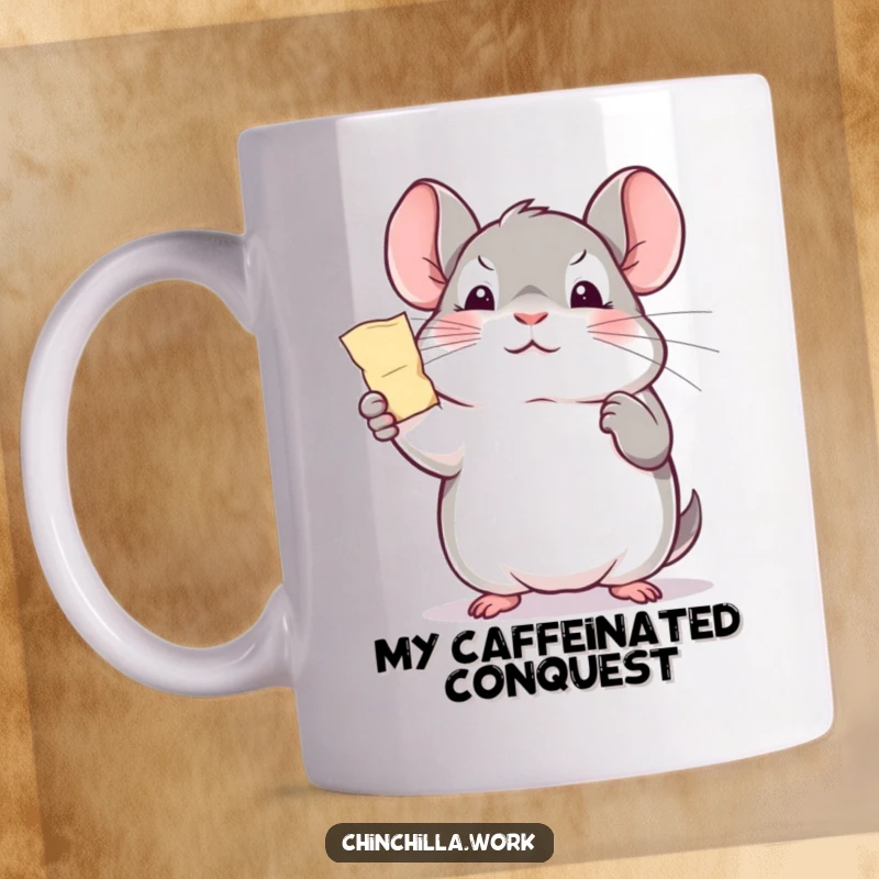 Funny kawaii office chinchilla triumphantly holding a tiny paper shred, embodying office victory and small wins humor.