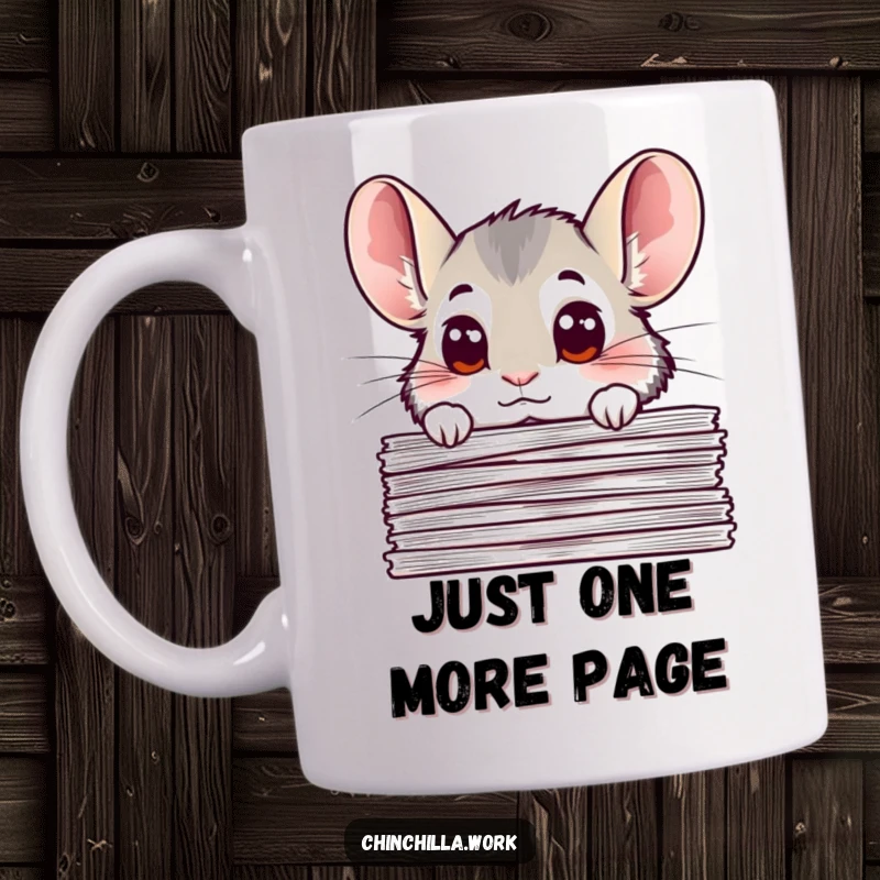 Funny chinchilla mug featuring a curious chinchilla with big eyes peeking over a stack of important office documents, conveying a sense of adorable mischief.