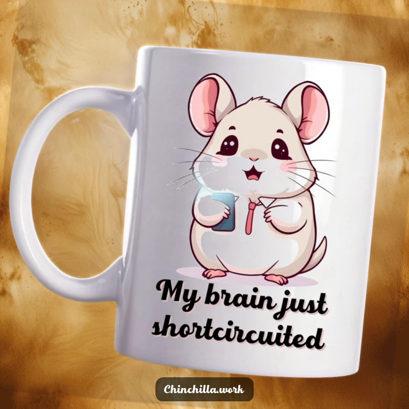 Funny mug with a kawaii office chinchilla looking shocked at a bright flashing light, perfect for office humor lovers.