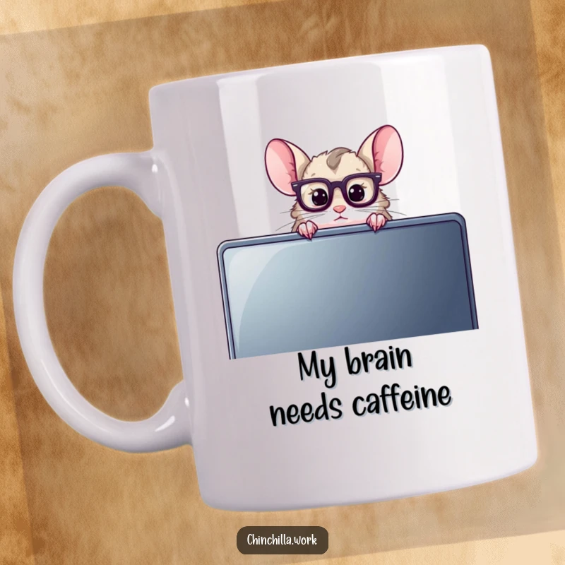 Funny Chinchilla Mug with tiny reading glasses peeking over a computer monitor, showcasing a nerdy and curious personality for a great gift.