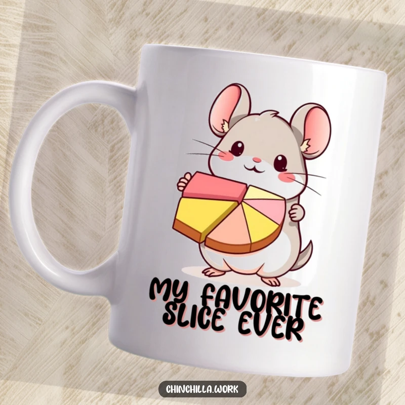 Funny kawaii chinchilla character proudly presenting a vibrant, colorful pie chart with enthusiasm, suitable for data lovers.
