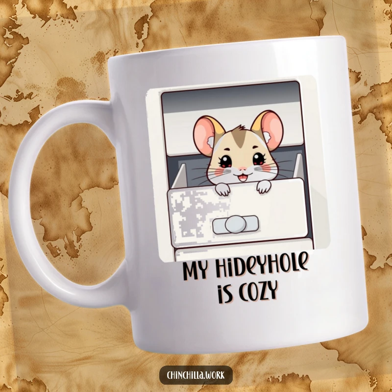 Funny Chinchilla Mug: A grinning chinchilla pops out of an open filing cabinet drawer, sharing a secret laugh.