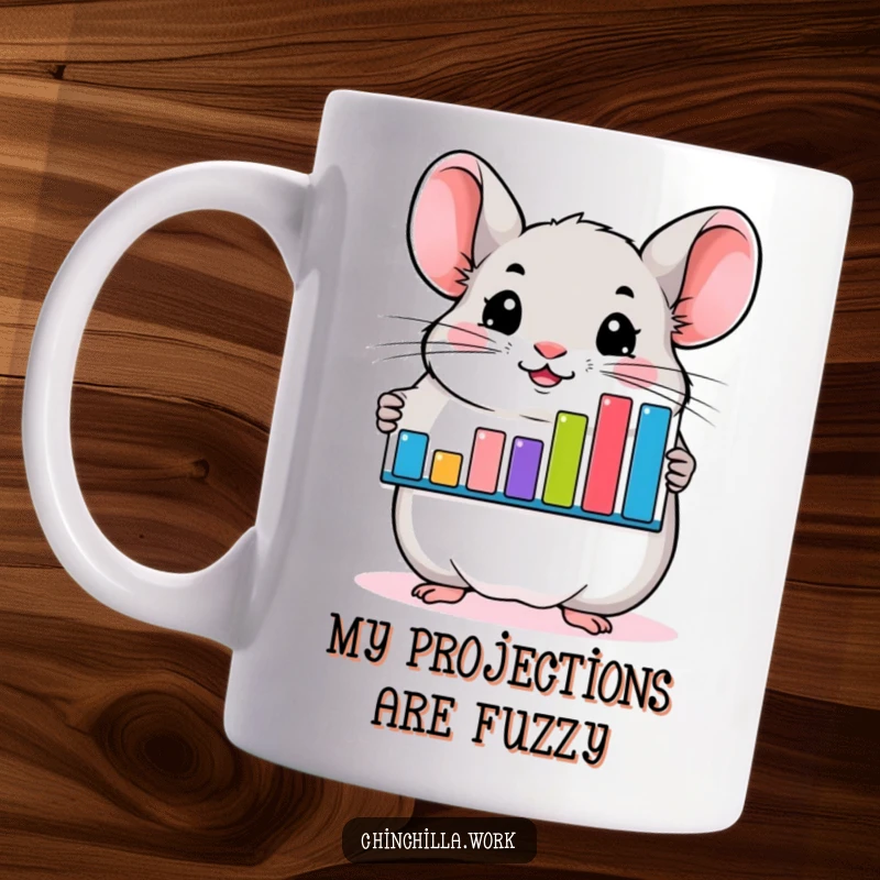 Funny chinchilla mug with a cheerful expression, proudly displaying a vibrant bar graph, symbolizing success and humor.