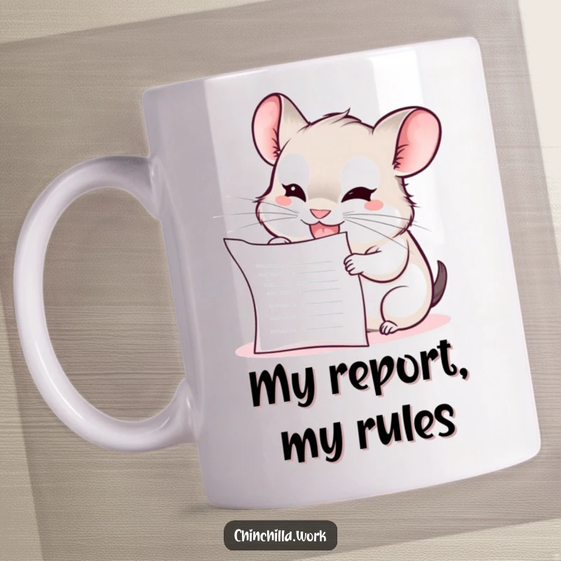 Funny Chinchilla Mug: A kawaii office chinchilla with a mischievous grin enthusiastically chews on a blank report.