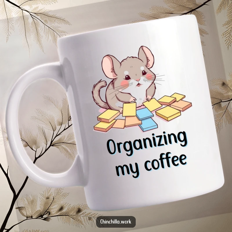 Funny chinchilla mug showing a rodent comically struggling to organize scattered sticky notes, perfect for office humor.