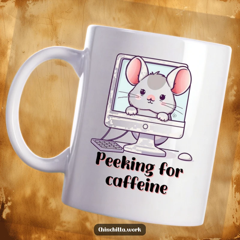 Funny mug with a cute, kawaii office chinchilla peeking shyly from behind a computer monitor, adding workplace humor.