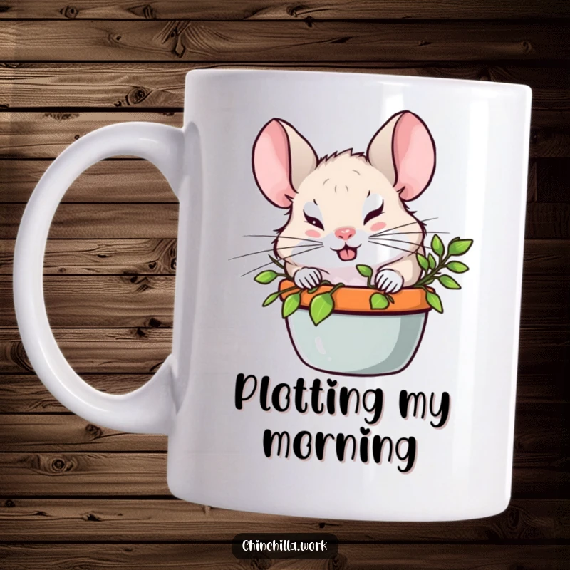 Funny Chinchilla with a mischievous grin peeking from behind a potted plant on a mug, a playful and humorous design.