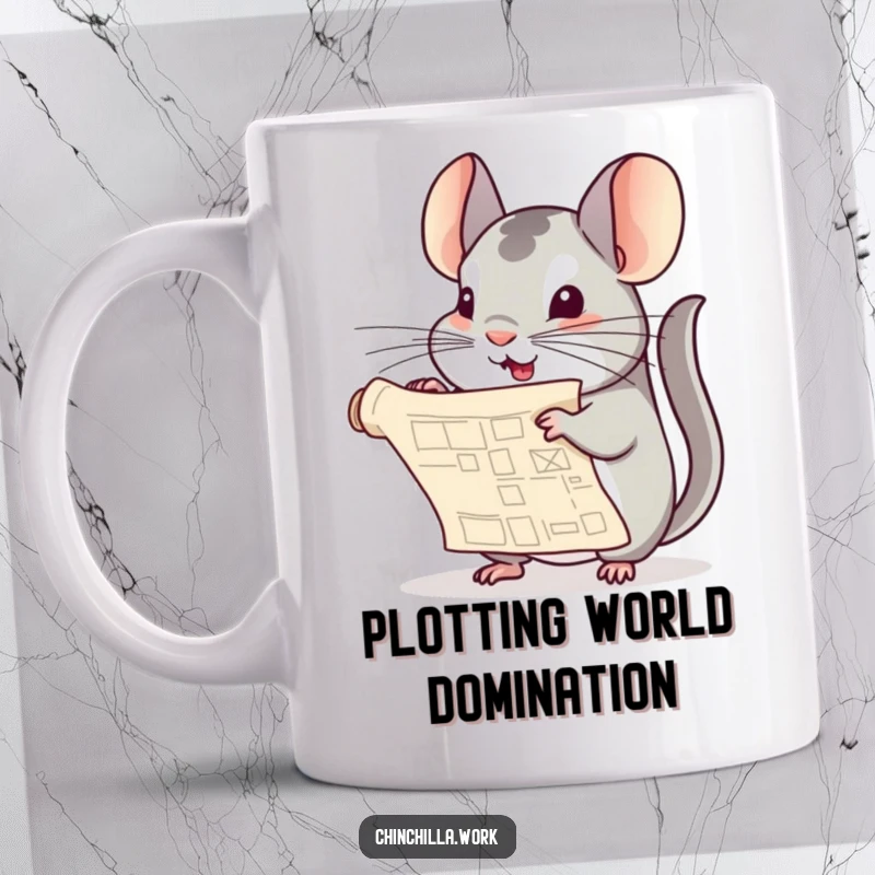 Funny Chinchilla Mug: A chinchilla playfully unrolls a tiny blueprint document, looking excited about its grand design.