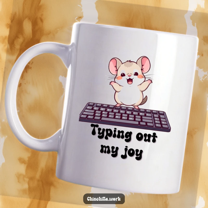 Funny mug showing a kawaii office chinchilla doing a silly dance on a computer keyboard, full of desk joy.