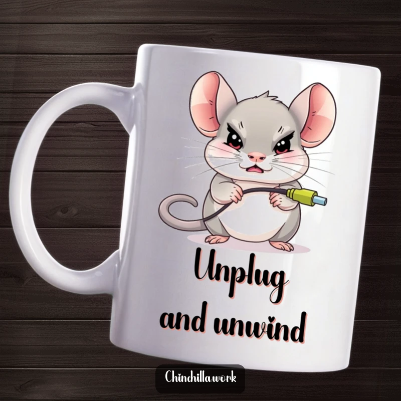 Funny chinchilla character with a determined expression, bravely unplugging a giant computer mouse, symbolizing tech frustration.