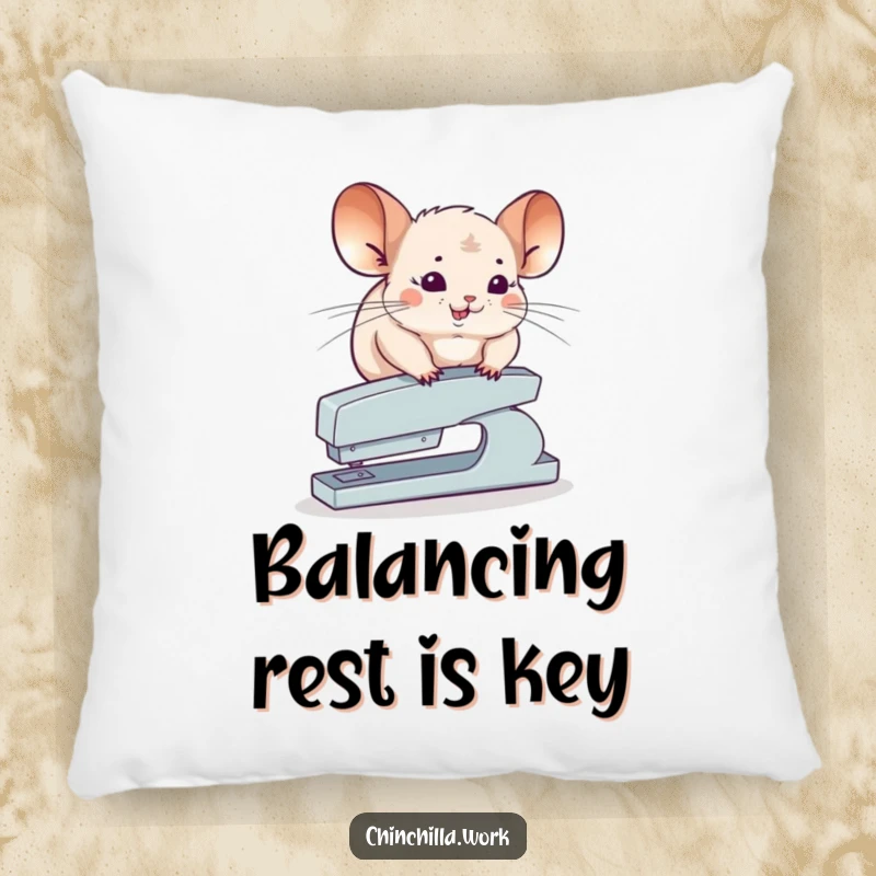 Funny Chinchilla Pillow featuring a chinchilla attempting to balance on a stapler, adding a touch of humorous bravery.
