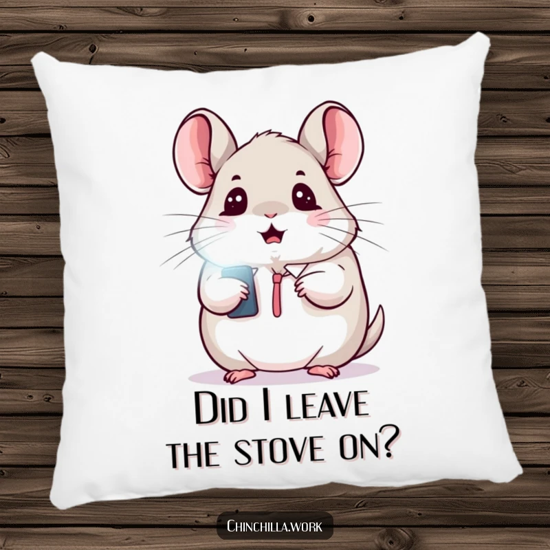 Funny pillow with a cute kawaii office chinchilla looking surprised at a flashing light, soft and decorative.